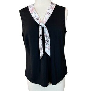 Brooks Brothers Sleeveless Black Tank with Floral Contrast Trim Tie Front XL